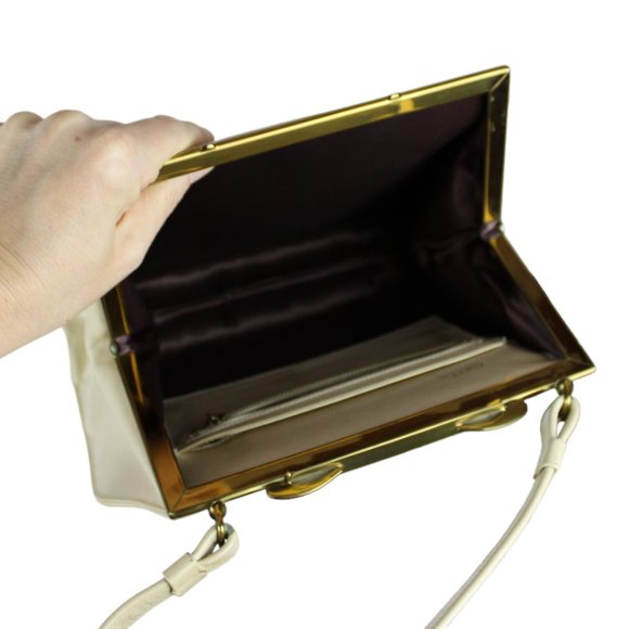 Vintage Corat Top Handle Purse Hand Bag Cream/Ivory Metal Frame Clasp PU75 - Picture 12 of 16